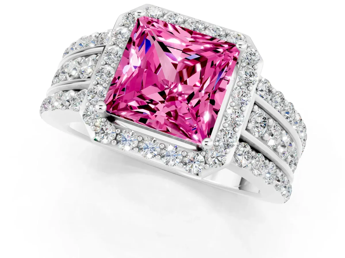 Princess Cut Halo Pink Sapphire Ring with Round Split Shank and Prong Setting Silver