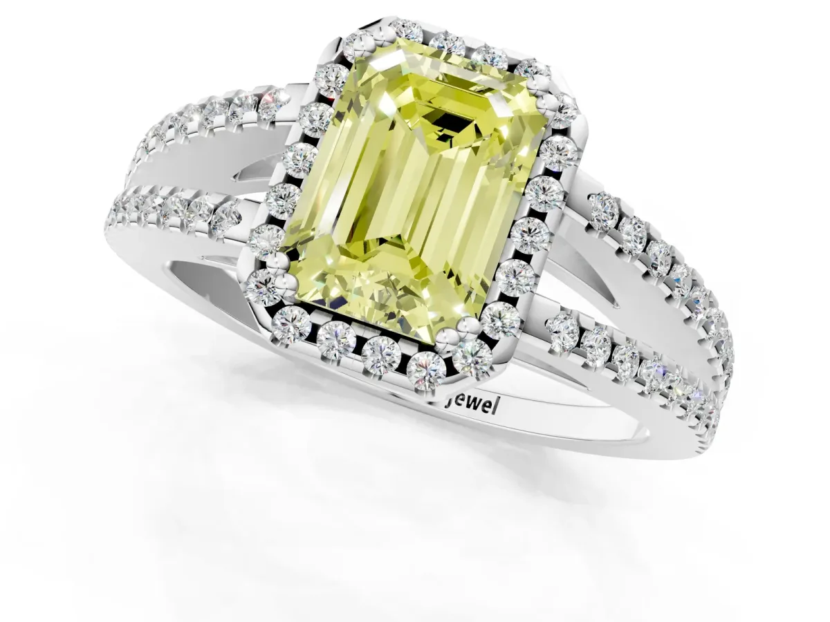 Fancy Yellow Emerald Cut Diamond Halo Split Shank Engagement Ring Platinum