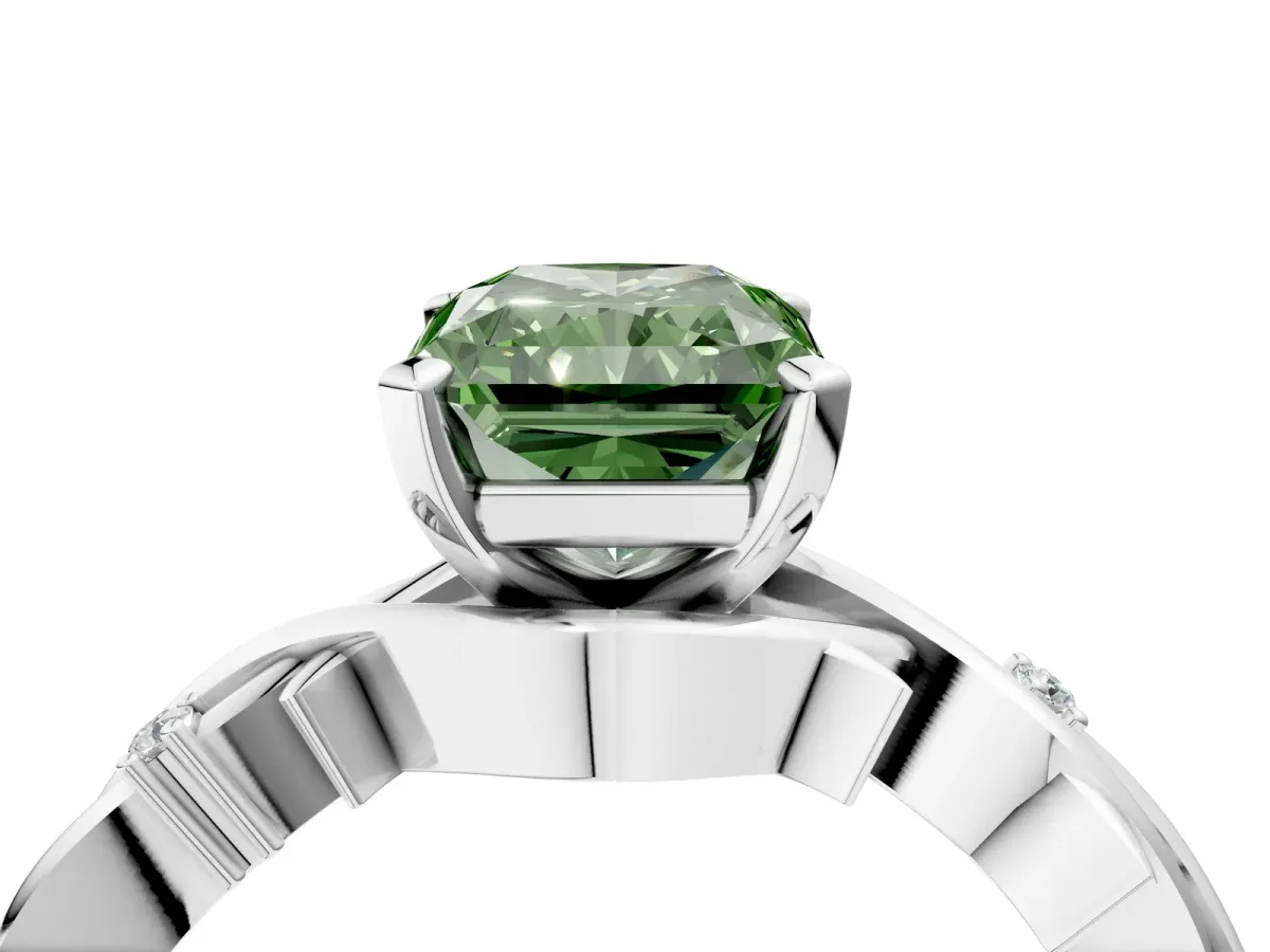Fancy Green Radiant Cut Diamond Solitaire Ring with Twisted Band and Prong Setting Silver