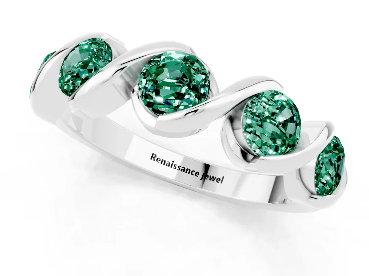 Round Green Sapphire Wave Band with Channel Setting and Shared Prongs Platinum
