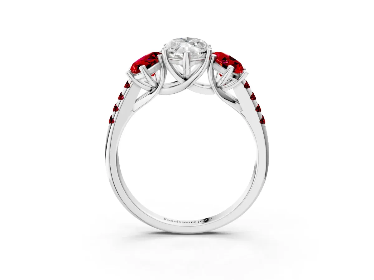 Three-Stone Marquise Cut Diamond Ring with Round Ruby Pavé Band and Prong Setting Silver