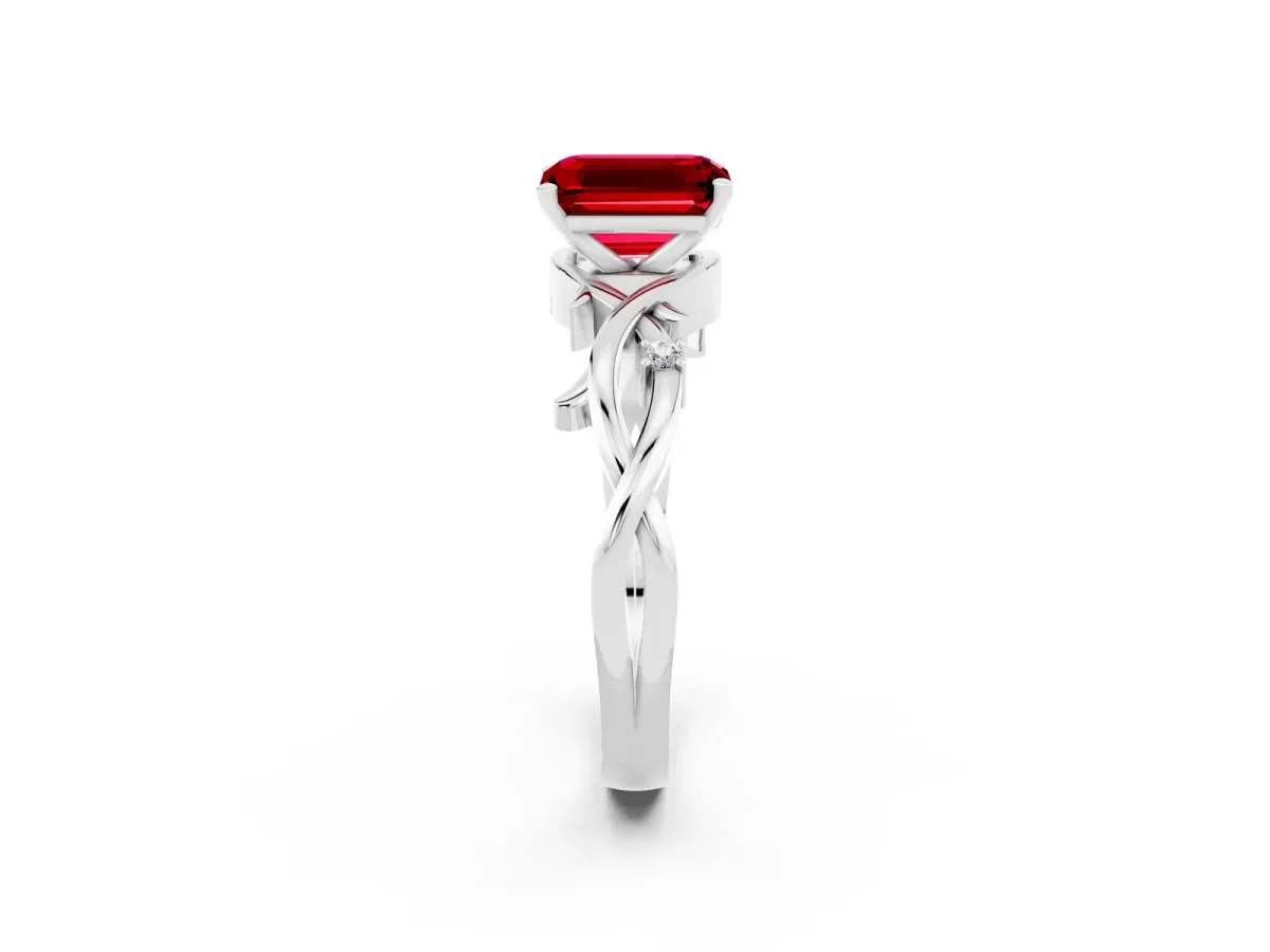 Emerald Cut Ruby Solitaire Ring with Twisted Band and Prong Setting Silver