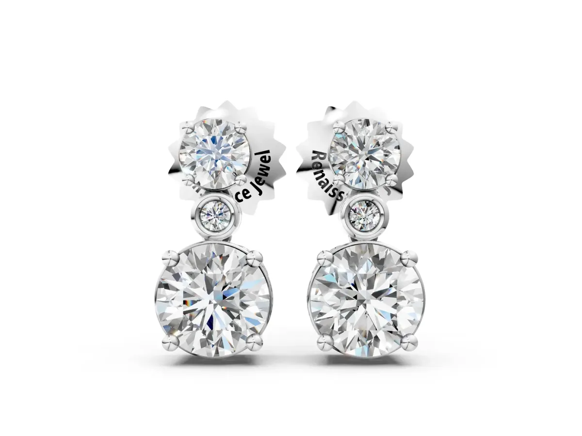 Round Diamond Two Stone Drop Earrings with Bezel Diamond Accent Silver