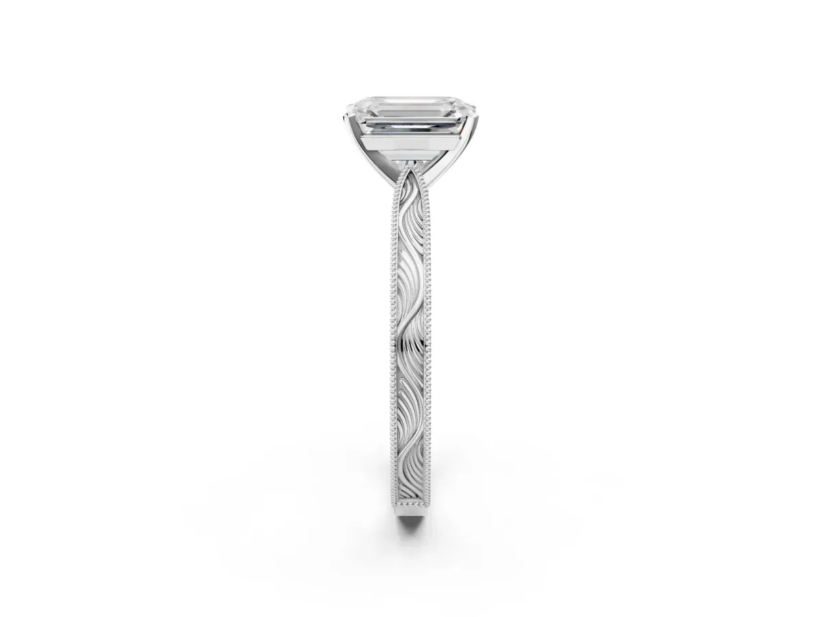 Emerald Cut Solitaire Milgrain Engraved Band with Four-Prong Setting White gold