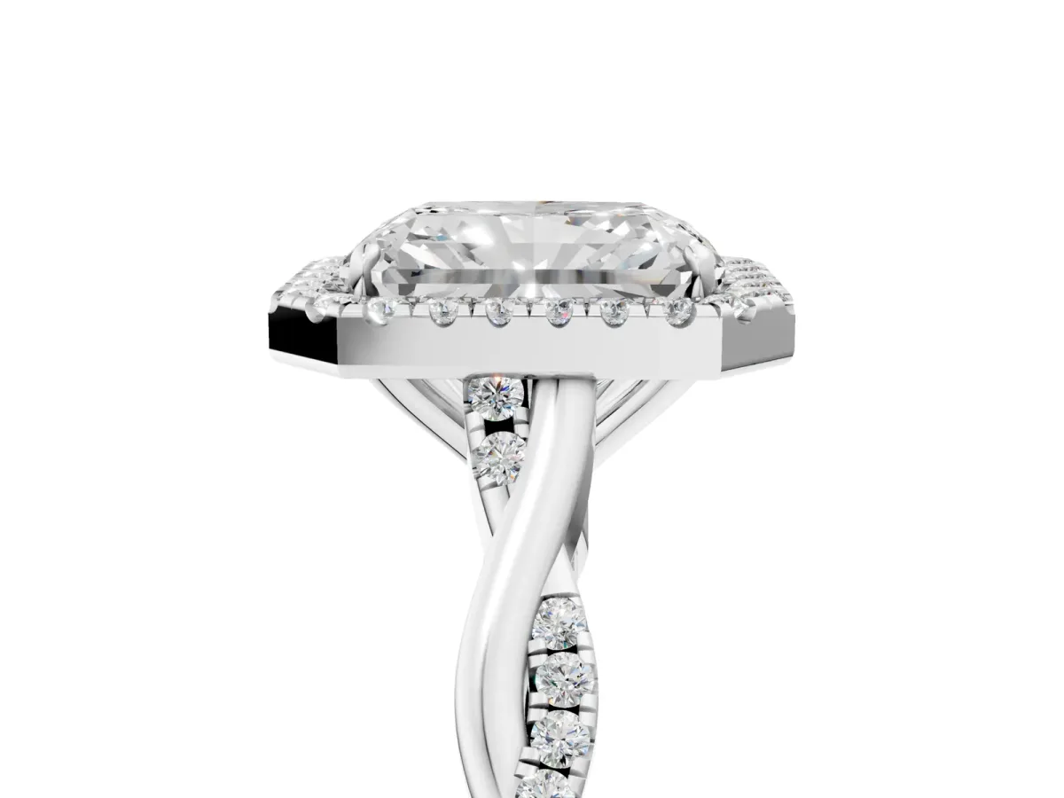 Radiant Cut Halo Twist Band Solitaire Ring Platinum