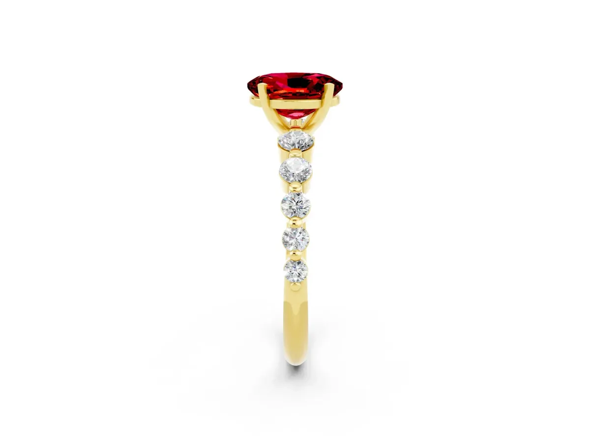 Oval Cut Solitaire Ruby Ring with Pave Band and Four-Prong Setting Yellow gold