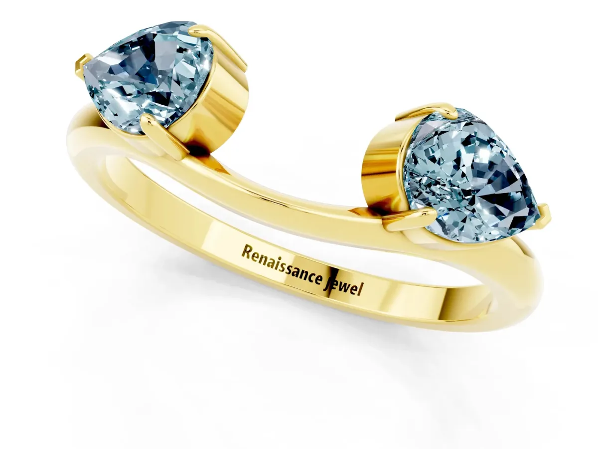Two-Stone Pear Aquamarine Bypass Ring with Prong Setting Yellow gold