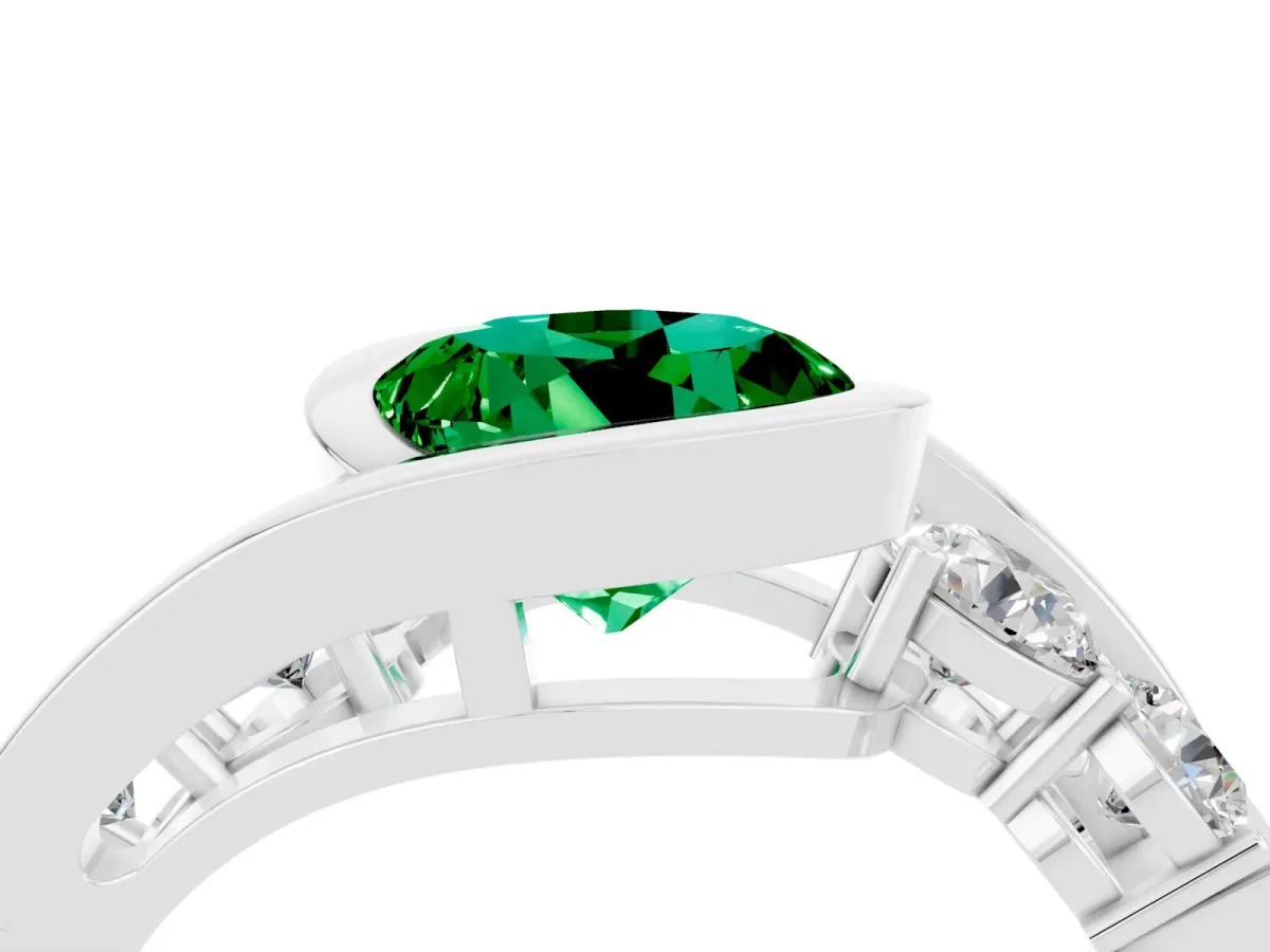 Bezel Set Round Cut Emerald Bypass Ring with Round Accents Silver