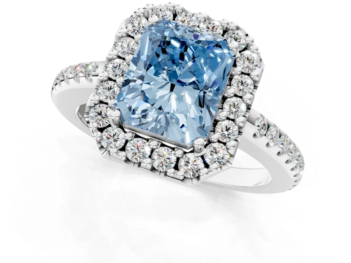 Fancy Blue Radiant Cut Diamond Pavé Halo Ring with Four-Prong Setting Platinum