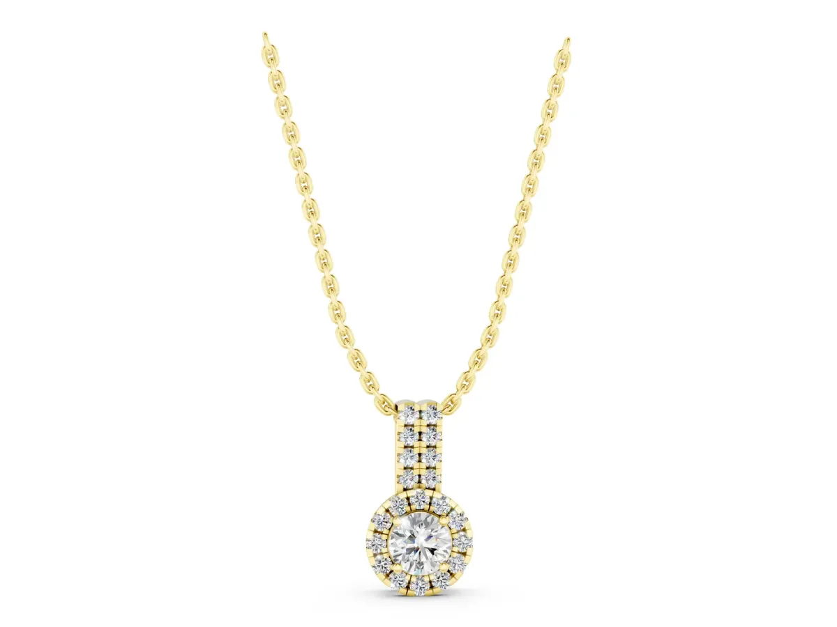 Round Halo Diamond Pendant with Double Prong Setting Yellow gold