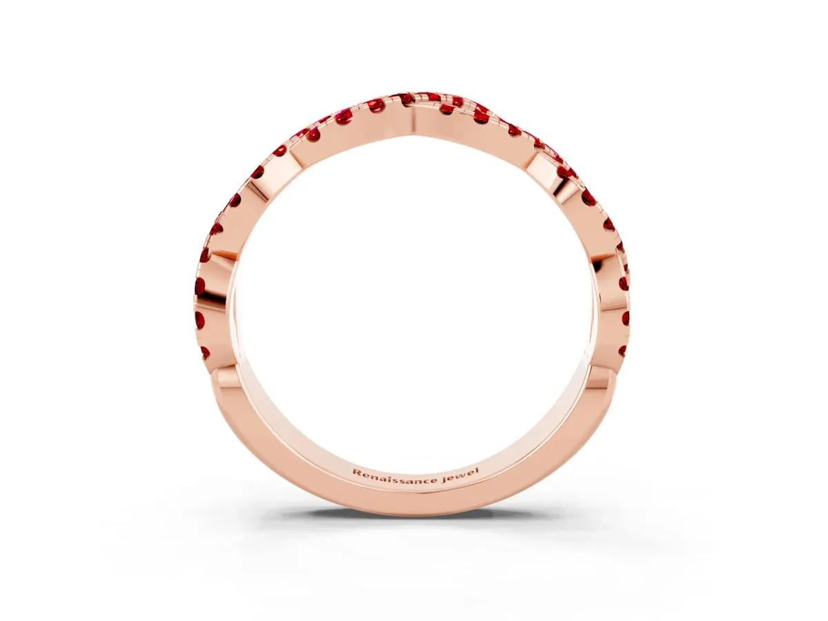 Round Ruby Twisted Eternity Band with Pavé and Shared Prong Setting Rose gold