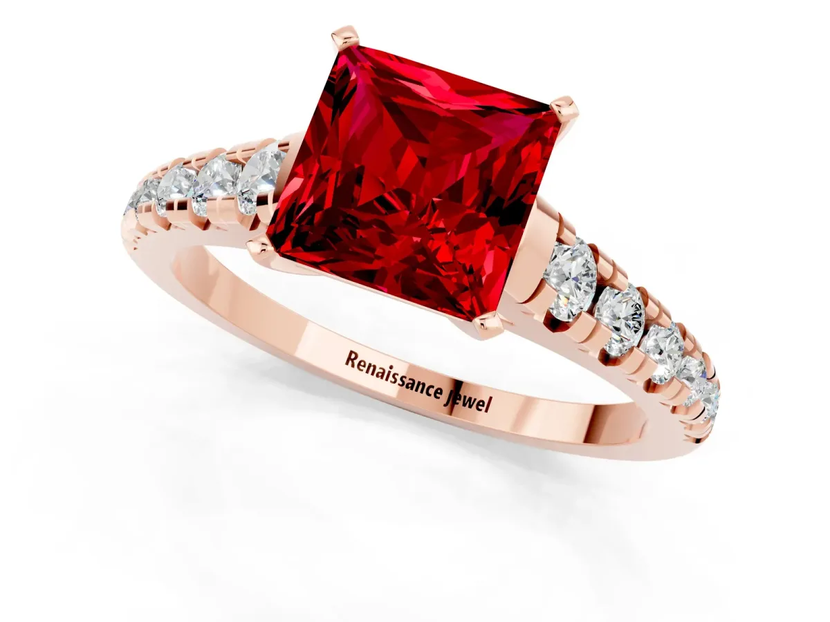 Princess Cut Ruby Cathedral Solitaire Ring with Round Pavé Band Rose gold