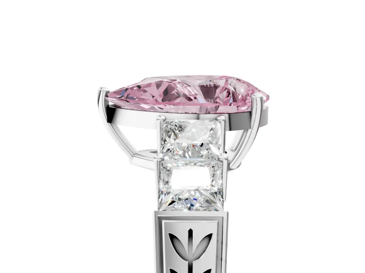 Fancy Pink Pear Cut Solitaire Princess Side Stone Engraved Band Prong Setting Ring White gold