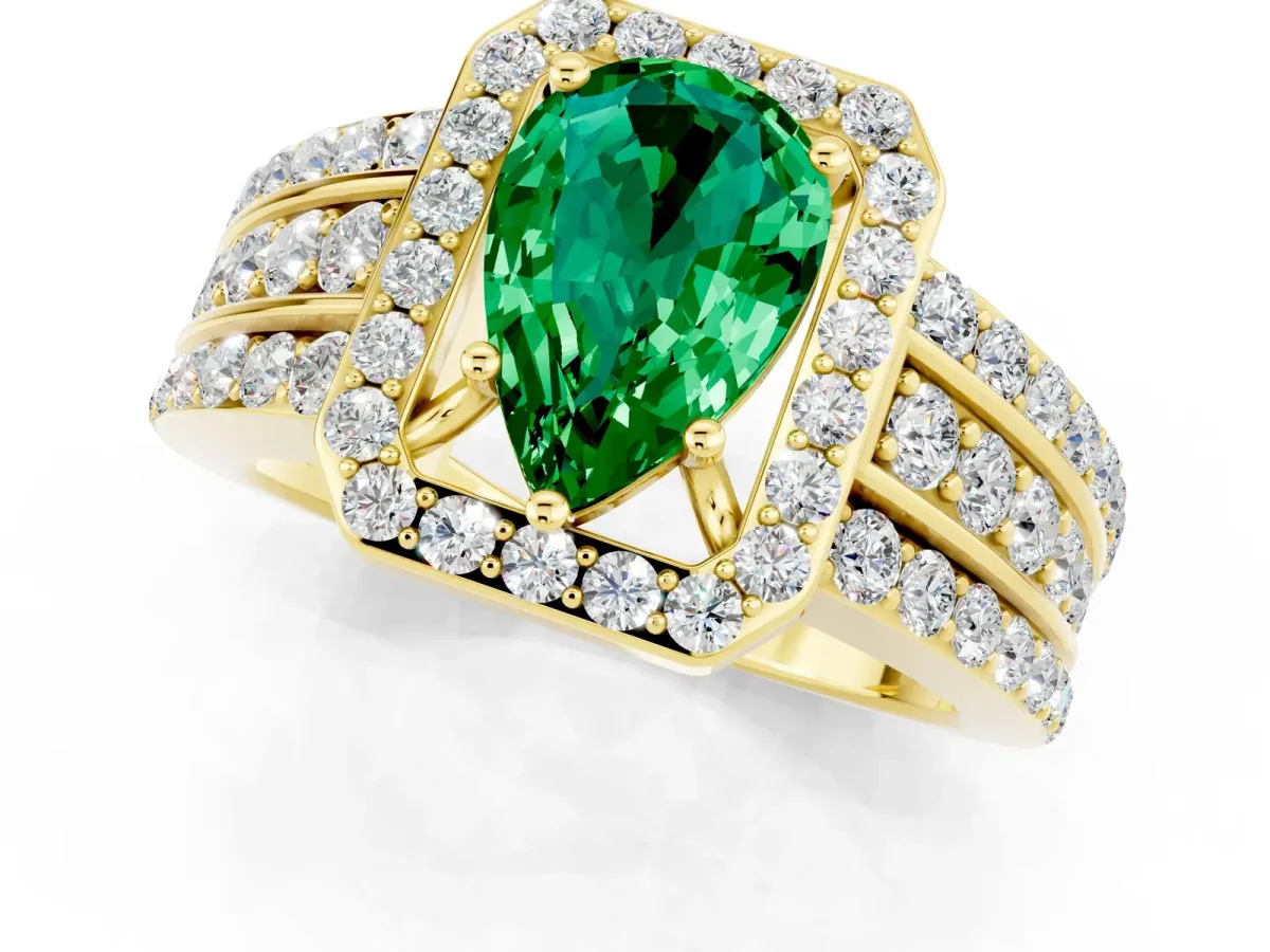 Pear Cut Halo Emerald Ring with Round Split Shank and Prong Setting Yellow gold