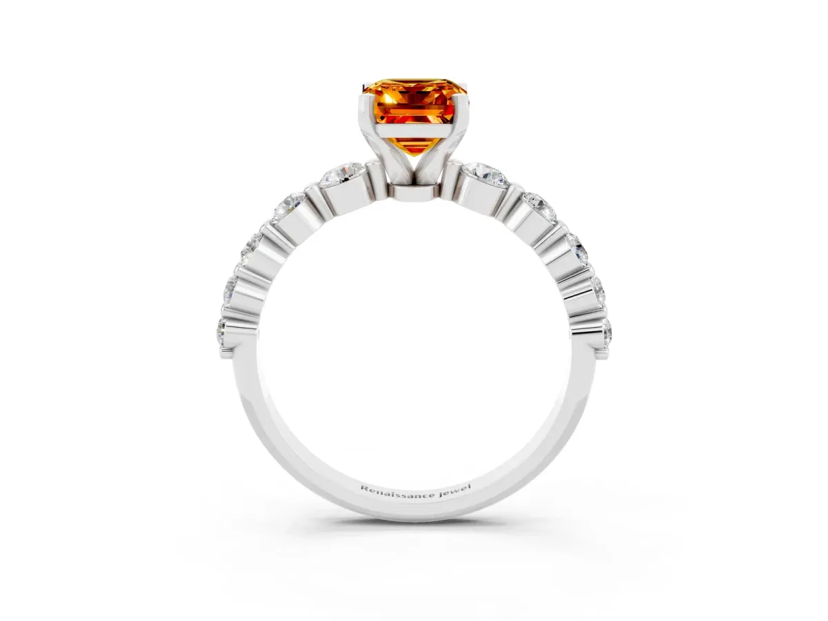 Emerald Cut Solitaire Citrine Ring with Pave Band and Four-Prong Setting Platinum
