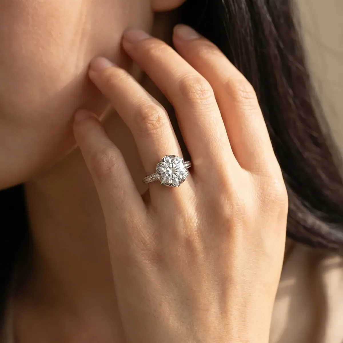 Round Cut Halo Split Shank Pave Diamond Ring with Petal Prong Setting Platinum