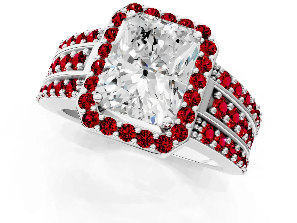 Radiant Cut Halo Diamond Ring with Round Ruby Split Shank and Prong Setting Silver