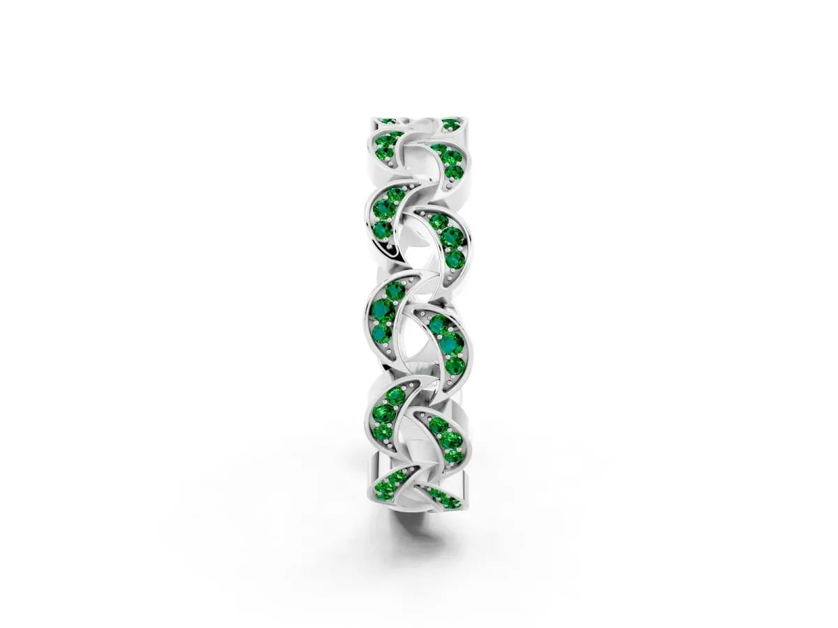 Pavé Round Emerald Interlocking Eternity Band with Bezel Prong Setting Platinum