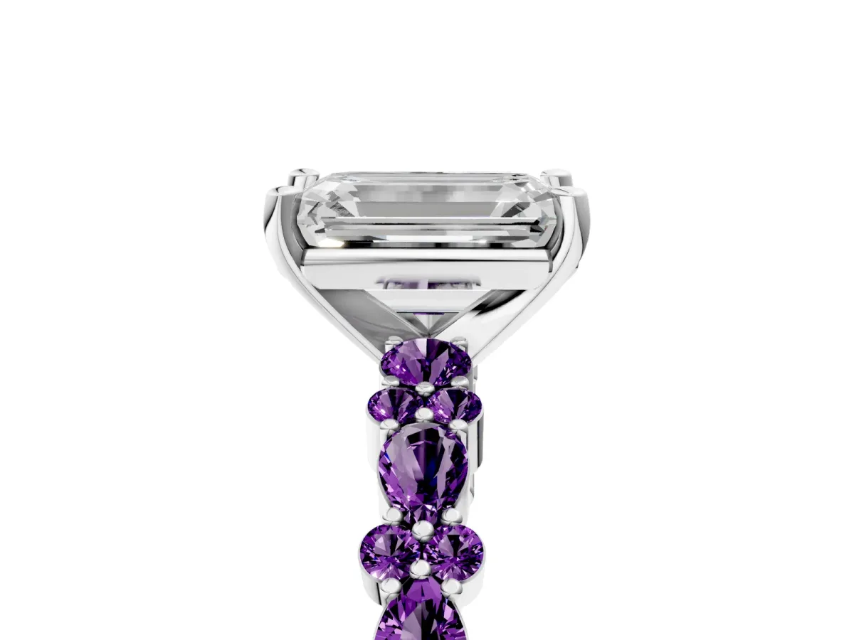 Emerald Cut Diamond Side Stone Solitaire Ring with Round Amethyst and Four-Prong Setting Platinum