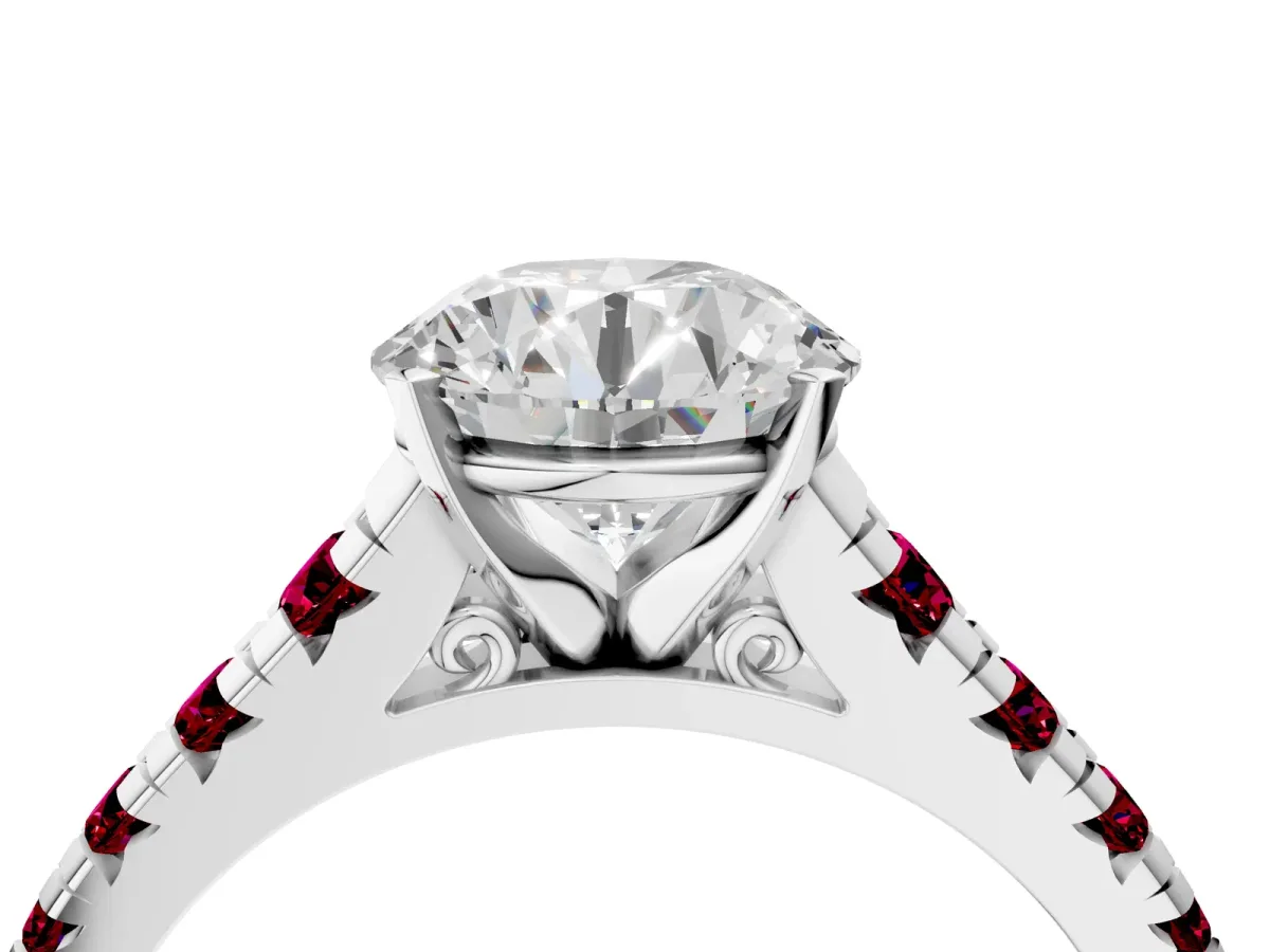 Round Cut Diamond Cathedral Solitaire Ring with Round Garnet Pavé Band Platinum