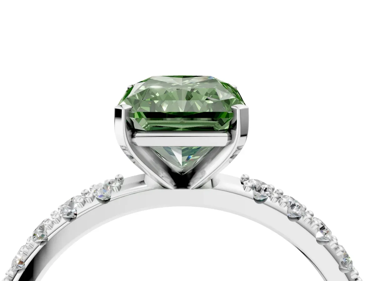 Fancy Green Radiant Cut Diamond Solitaire Pavé Band with Four-Prong Setting Silver