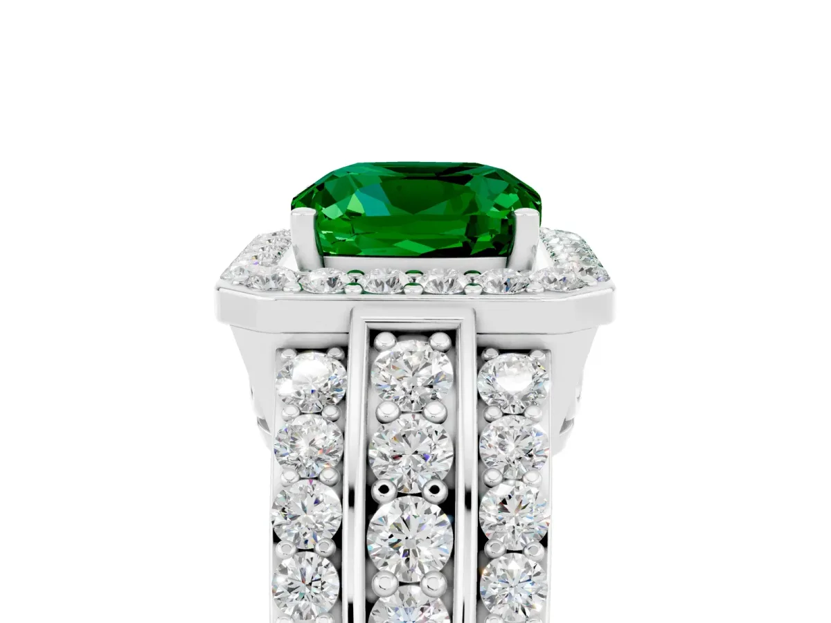 Cushion Cut Halo Emerald Ring with Round Split Shank and Prong Setting Platinum