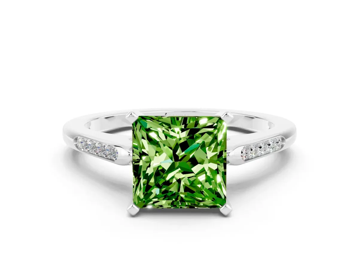 Princess Cut Peridot Solitaire Ring with Channel Set Round Band and Prong Setting Silver