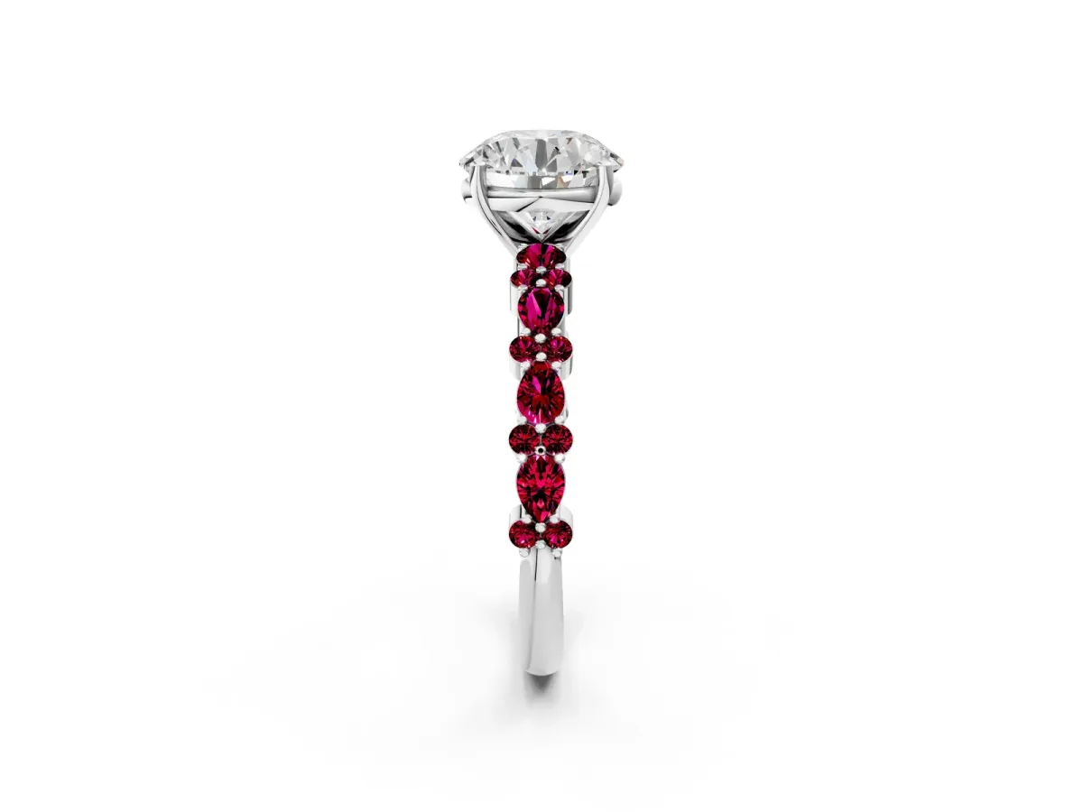 Round Cut Diamond Side Stone Solitaire Ring with Round Garnet and Four-Prong Setting Silver