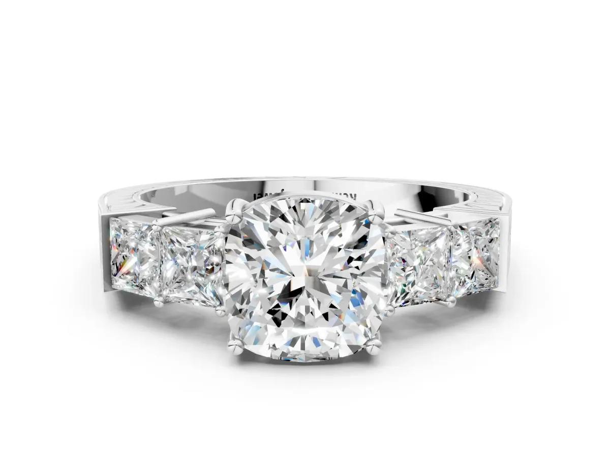 Cushion Cut Solitaire Princess Side Stone Engraved Band Prong Setting Ring Silver