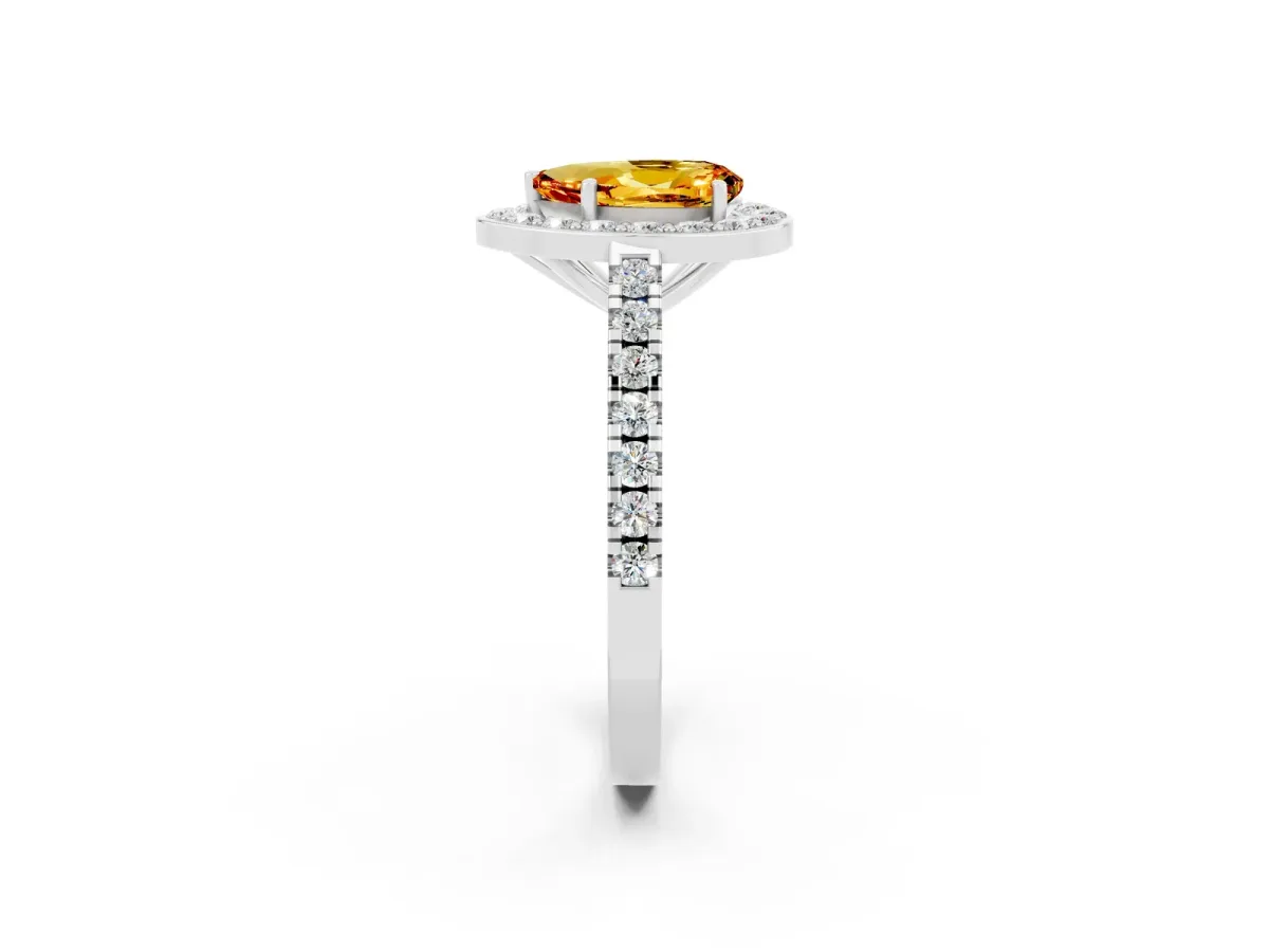 Pear Cut Citrine Halo Ring with Round Pavé Split Shank and Prong Setting Platinum