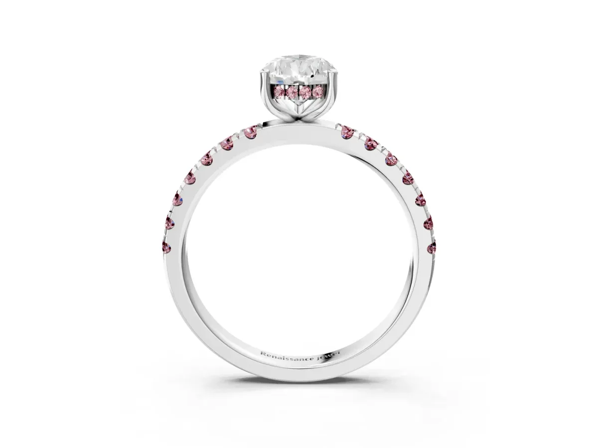 Pear Cut Diamond Pave Band Solitaire Ring with Round Morganite and Prong Setting Silver