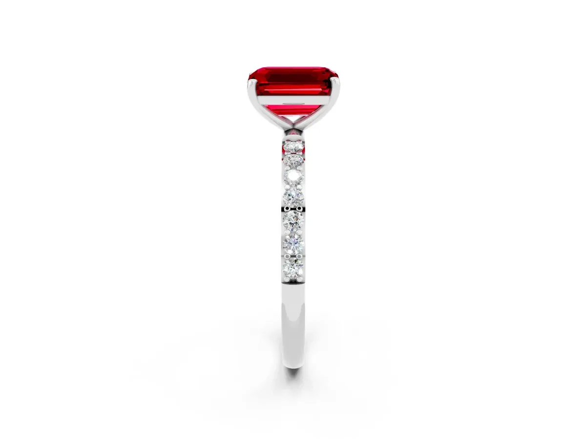 Emerald Cut Ruby Solitaire Ring with Round Pavé Band and Prong Setting Platinum