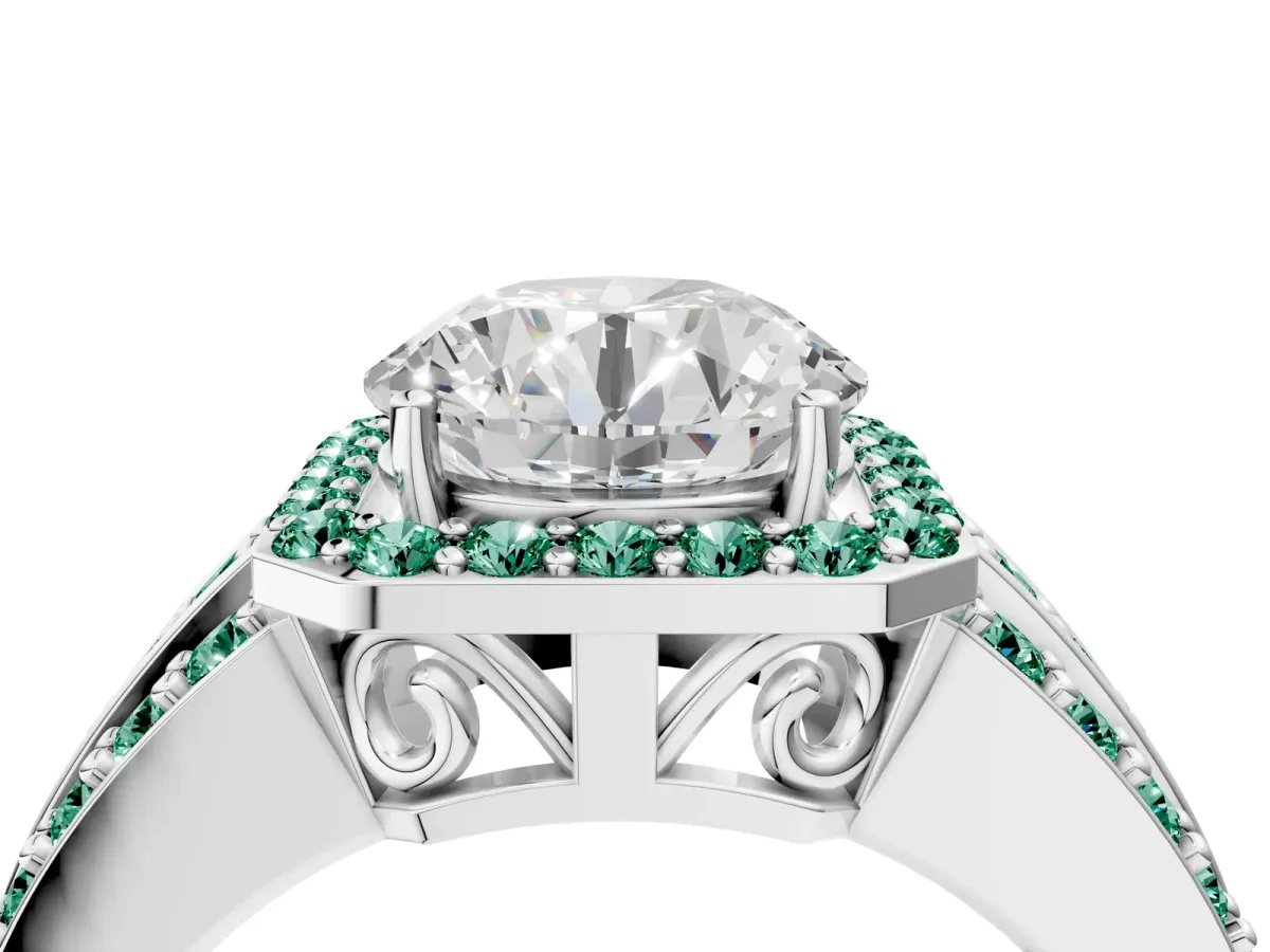 Round Cut Halo Diamond Ring with Round Green Sapphire Split Shank and Prong Setting Silver