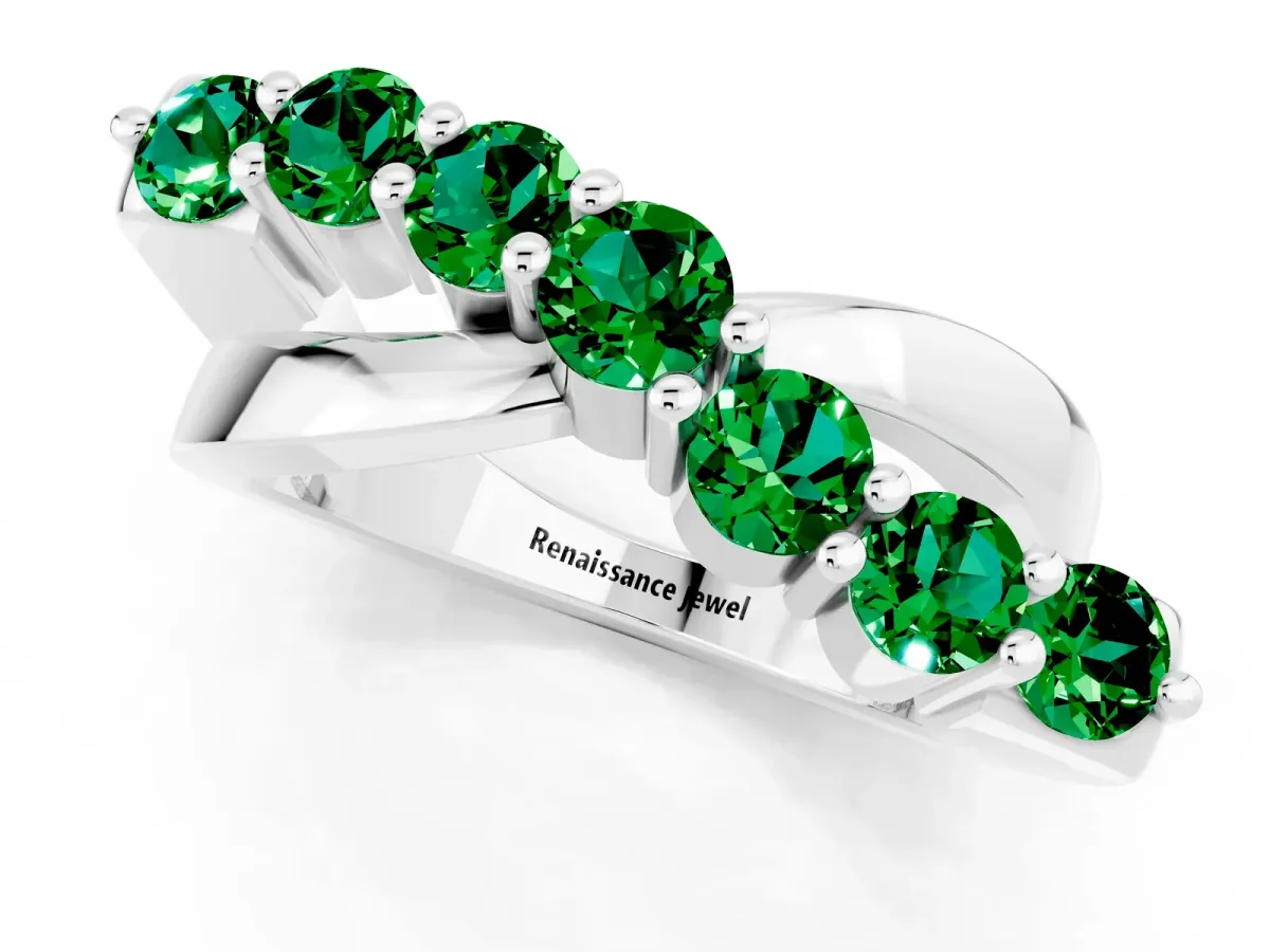 Round Emerald Prong-Set Crossover Band Silver