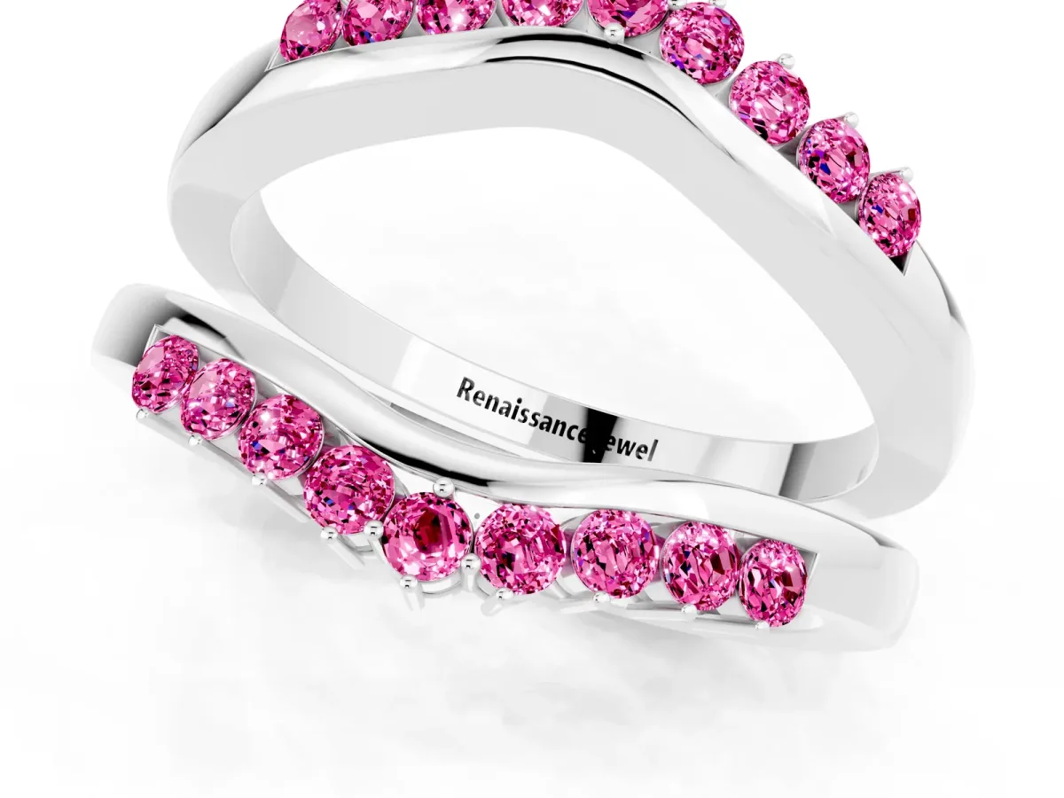 Round Pink Sapphire Chevron Contour Band with Prong Setting Platinum