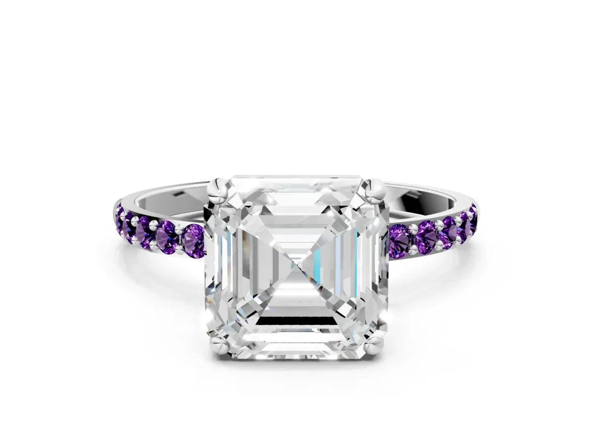 Asscher Cut Diamond Solitaire Ring with Round Amethyst Pavé Band and Prong Setting Silver