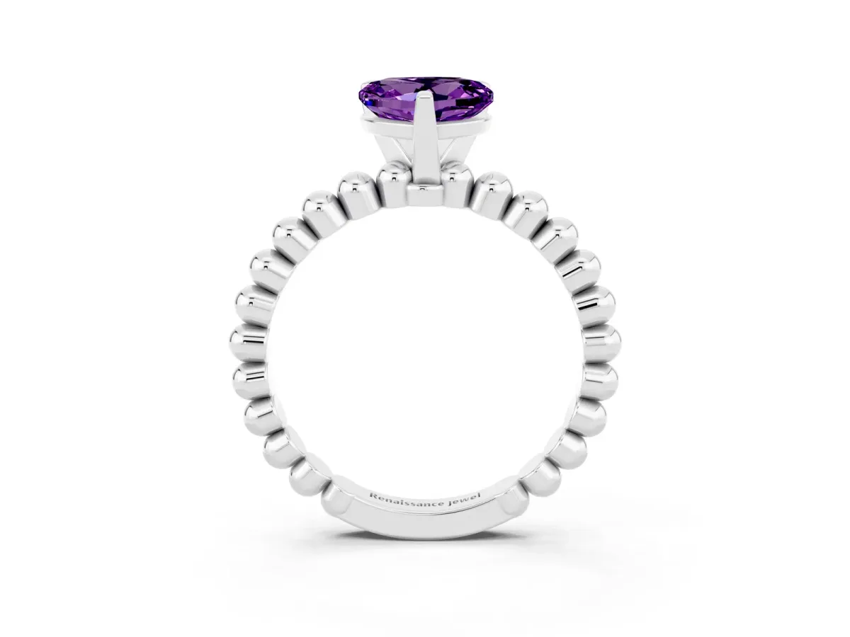 Heart Cut Amethyst Solitaire Ring with Beaded Band and Prong Setting Platinum