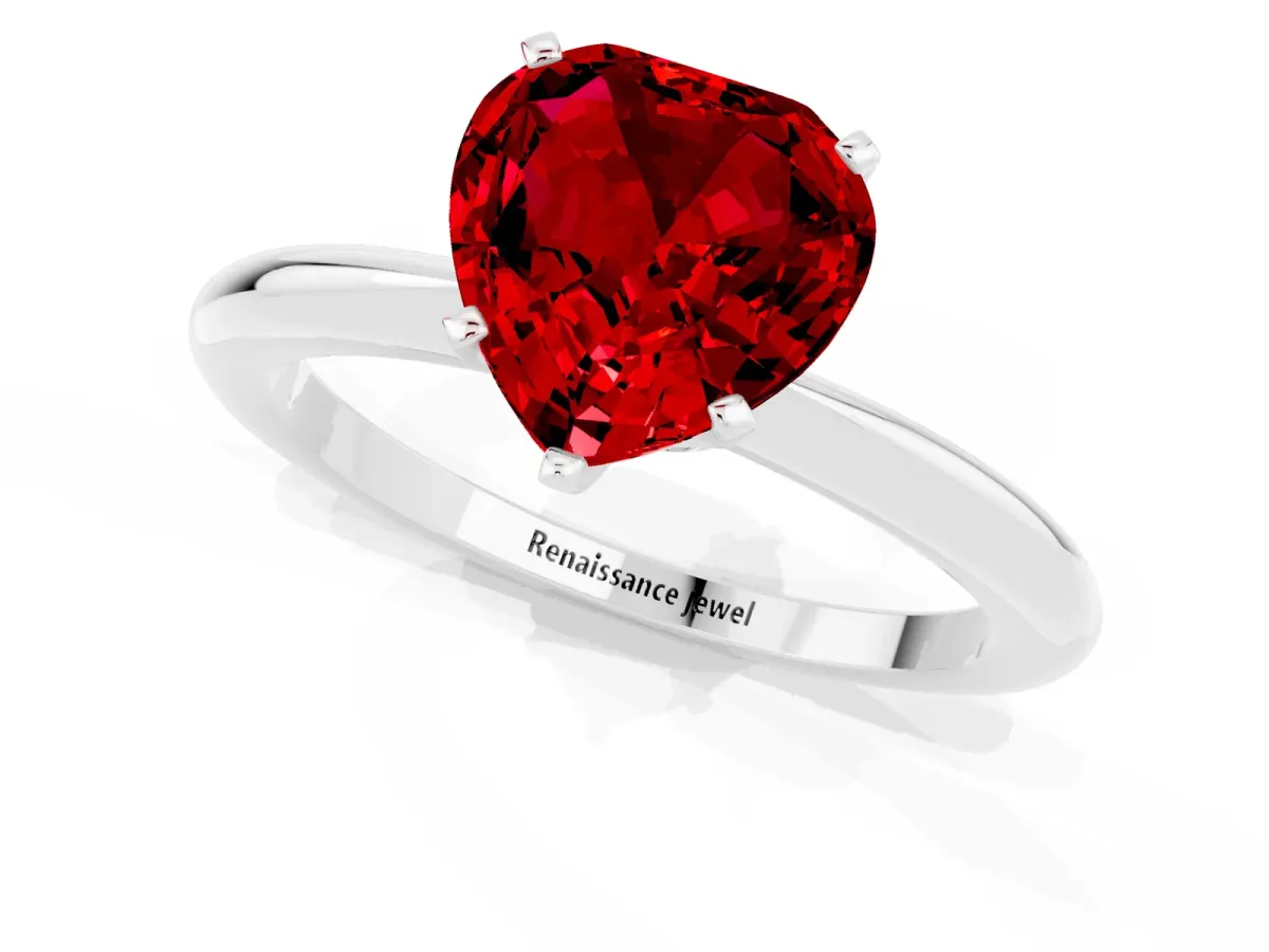 Heart Cut Ruby Solitaire Ring with Six-Prong Setting and Classic Band Silver