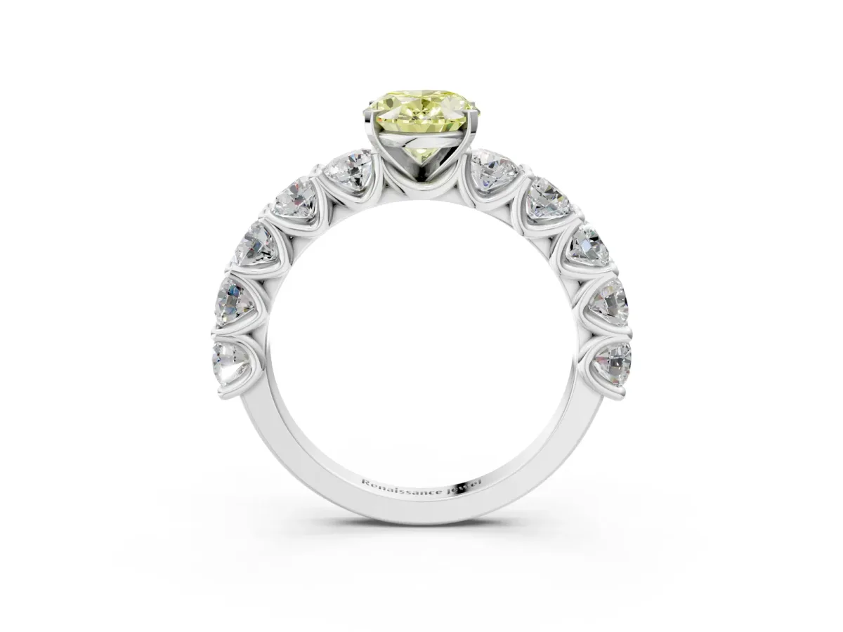 Fancy Yellow Oval Cut Diamond Prong Setting with Side Stones on a Pave Band Platinum