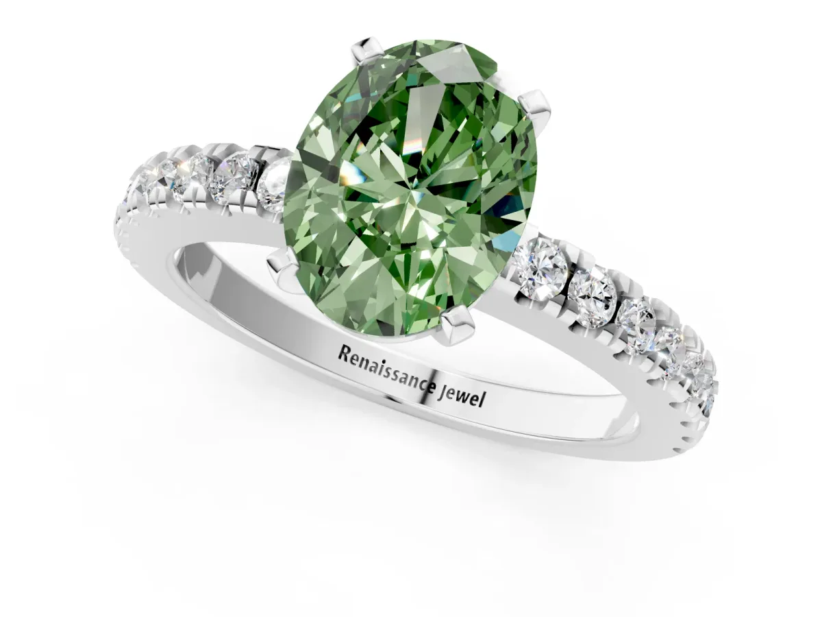 Fancy Green Oval Cut Solitaire Diamond with Pavé Band and Four-Prong Setting Silver