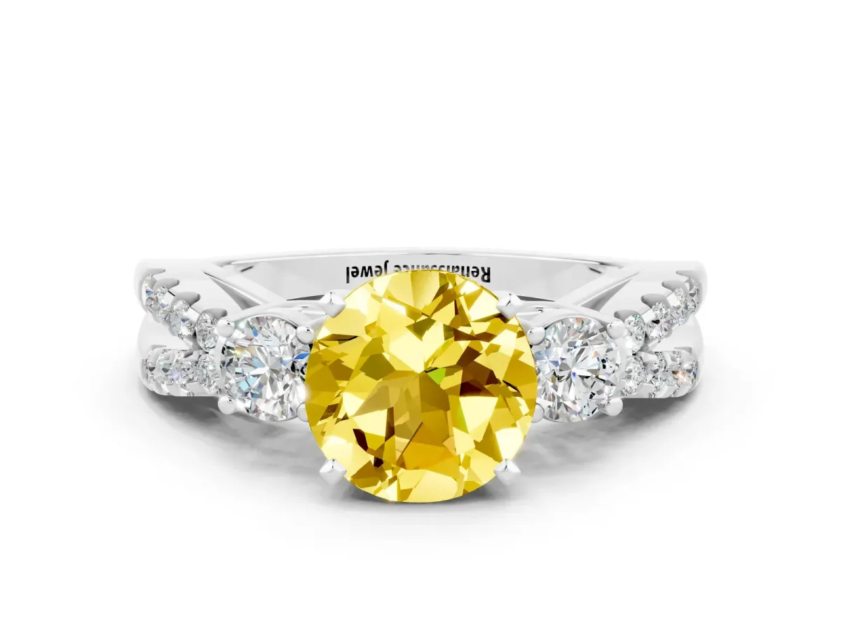 Round Cut Yellow Sapphire Three-Stone Ring with Pavé Split Shank and Four-Prong Setting Silver