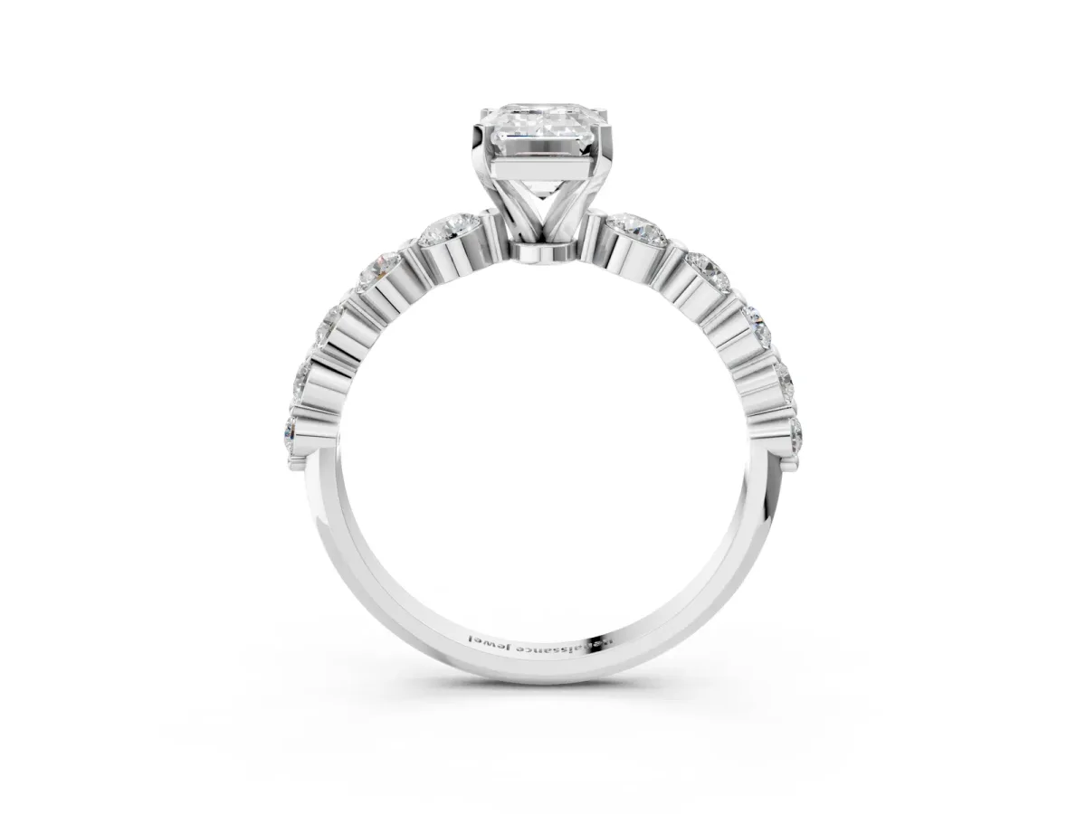 Emerald Cut Solitaire Diamond Ring with Pave Band and Four-Prong Setting Platinum