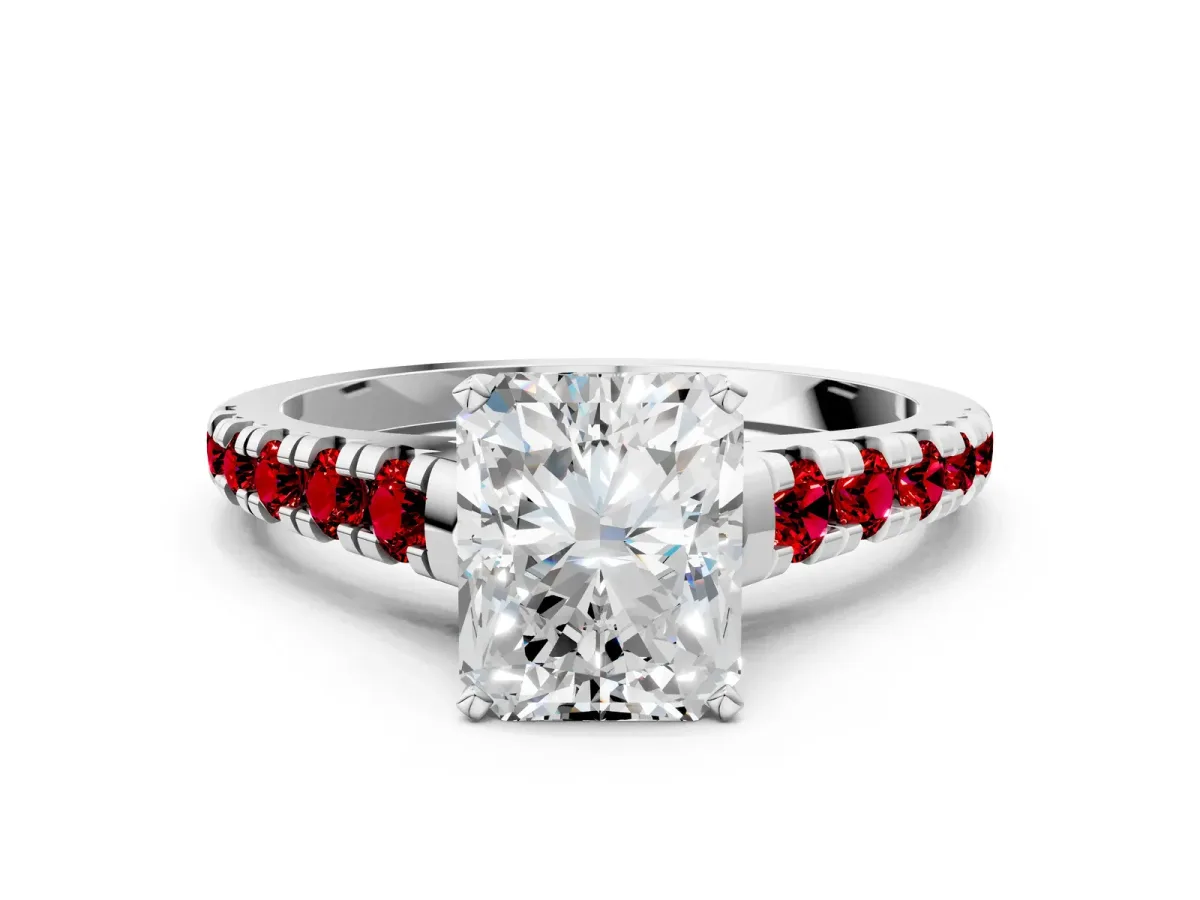 Radiant Cut Diamond Cathedral Solitaire Ring with Round Ruby Pavé Band White gold