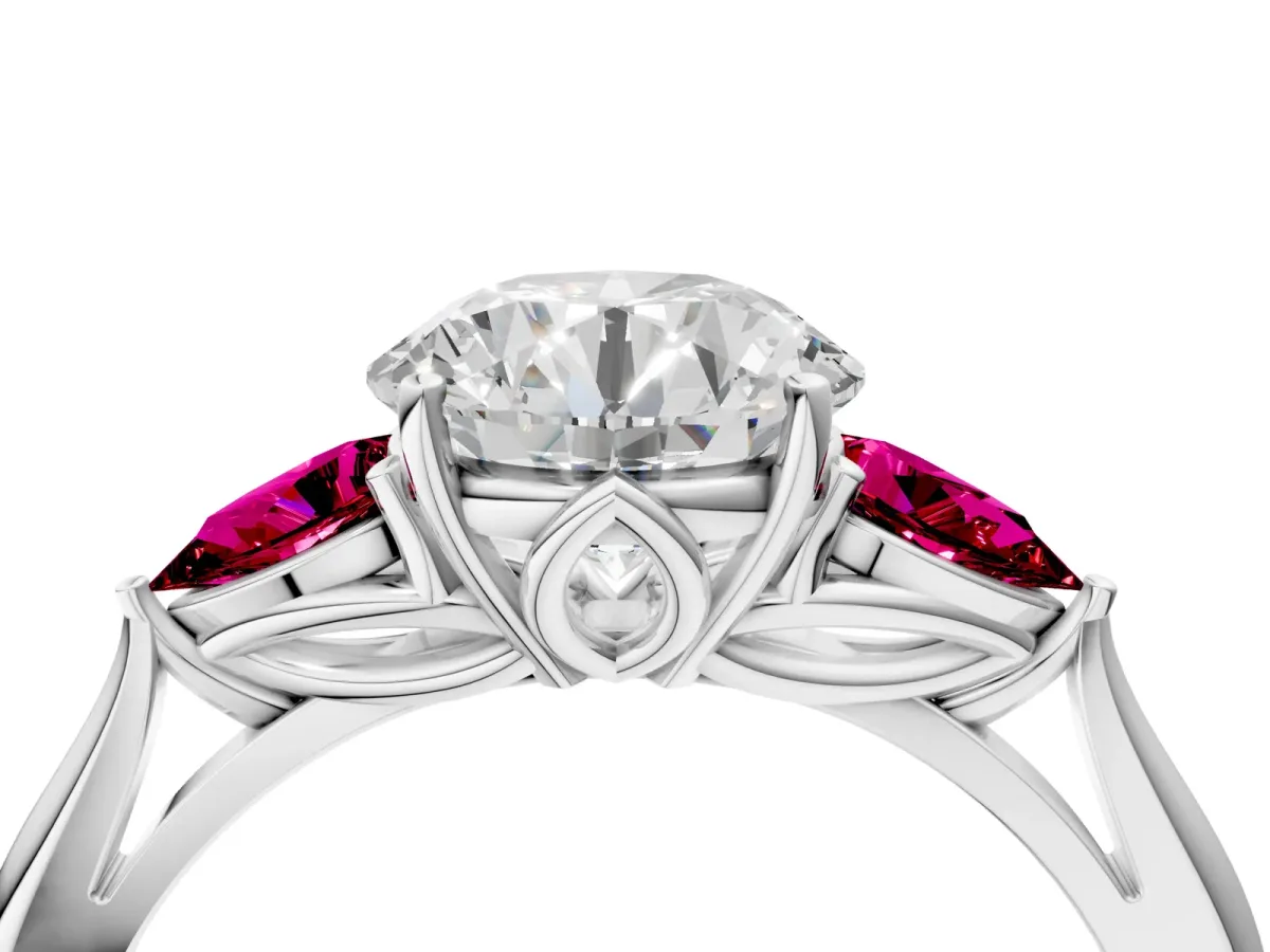 Round Cut Diamond Three-Stone Ring with Pear Garnet Side Stones and Prong Setting Silver