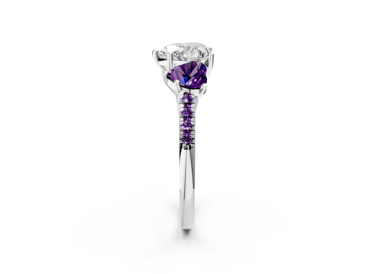 Three-Stone Heart Cut Diamond Ring with Round Amethyst Pavé Band and Prong Setting Silver