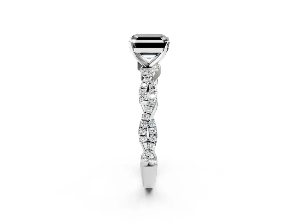 Fancy Black Asscher Cut Solitaire Twisted Pave Band with Four-Prong Setting Platinum