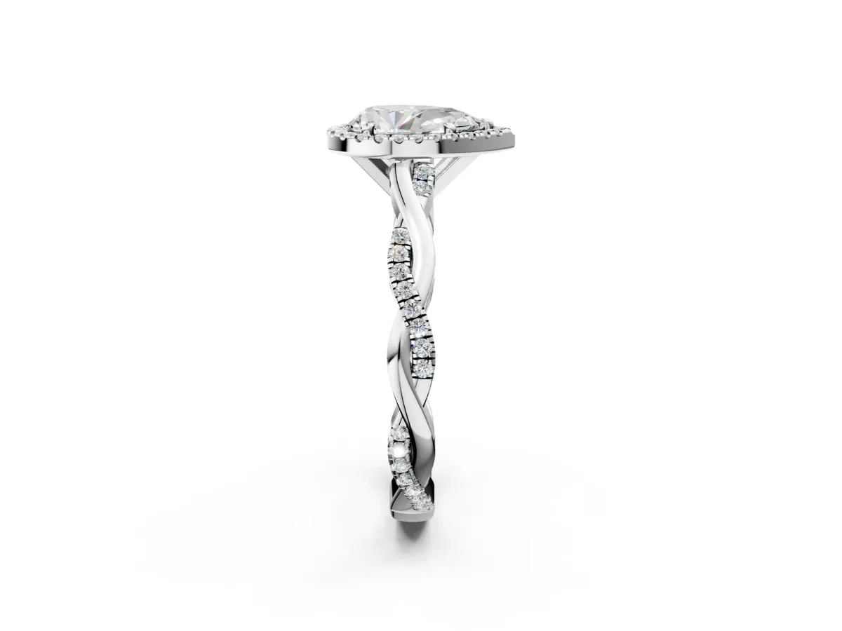 Pear Cut Cut Halo Twisted Band Four-Prong Ring Platinum