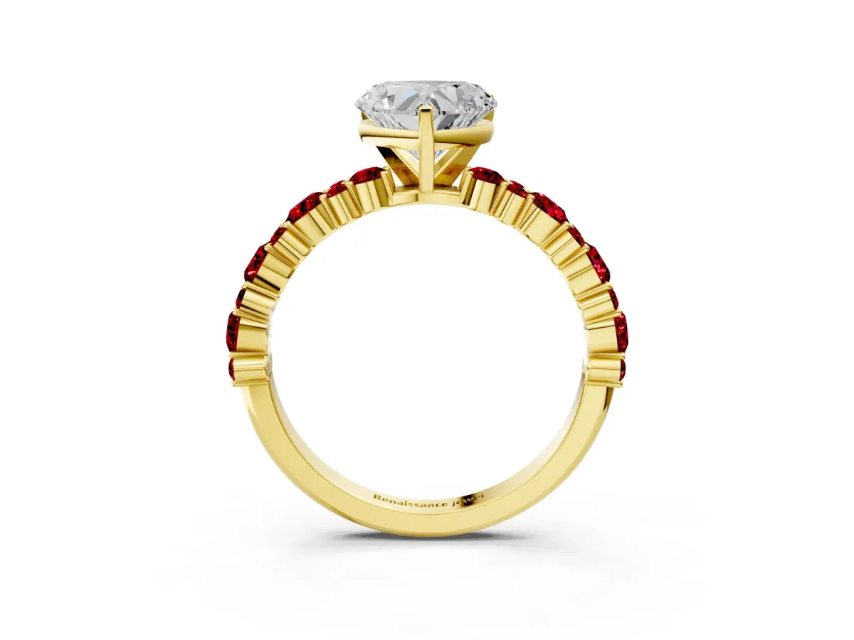 Heart Cut Diamond Side Stone Solitaire Ring with Round Ruby and Four-Prong Setting Yellow gold