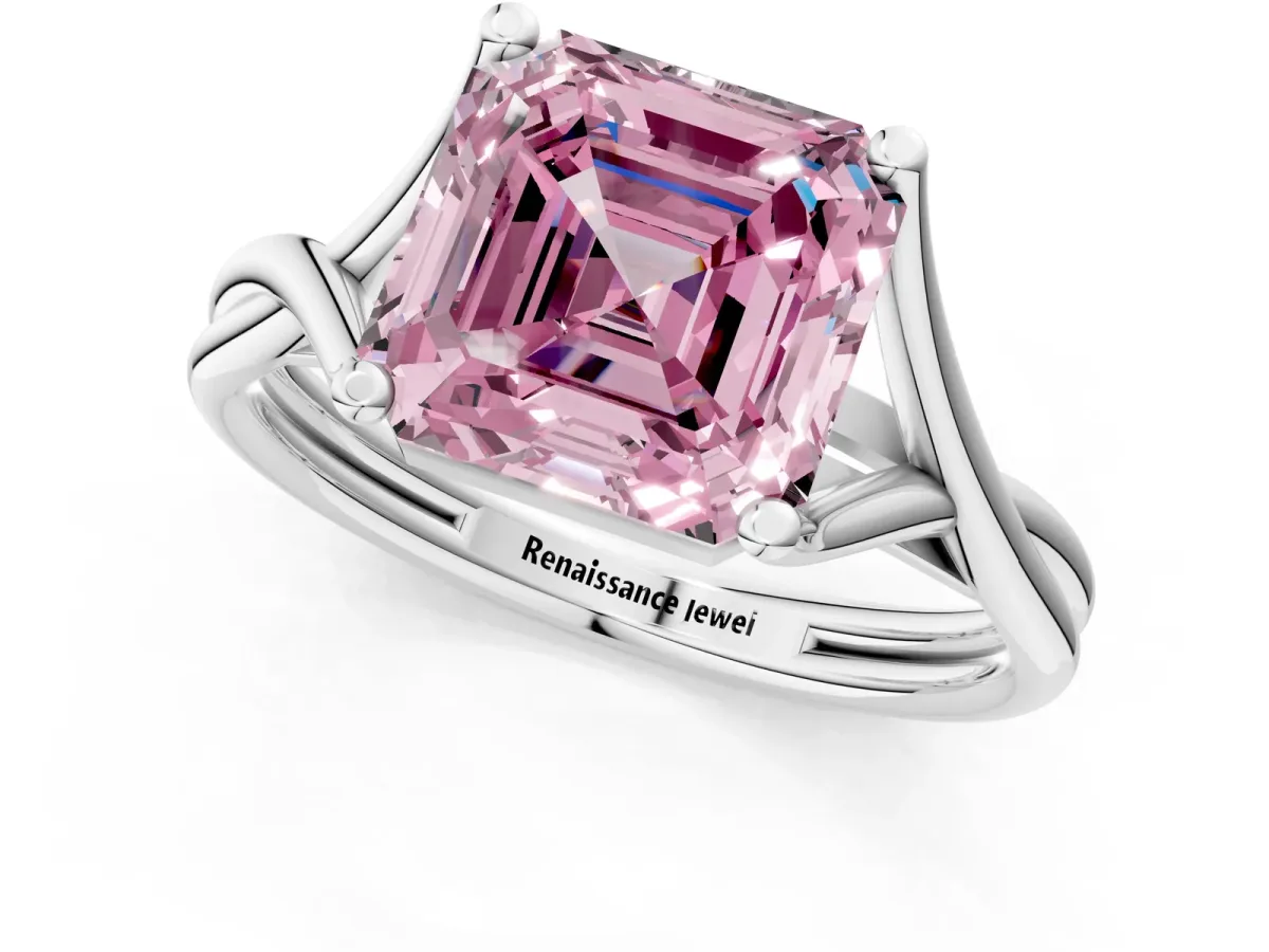 Fancy Pink Asscher Cut Diamond Solitaire Twist Band Prong Setting Ring Platinum