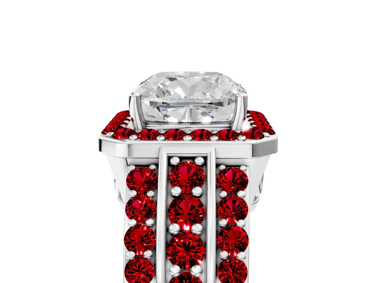 Cushion Cut Halo Diamond Ring with Round Ruby Split Shank and Prong Setting Platinum